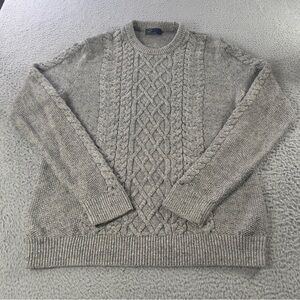 Gap Aran Sweater Women Large Heather Gray Crew Neck Chunky Cable Knit Fisherman